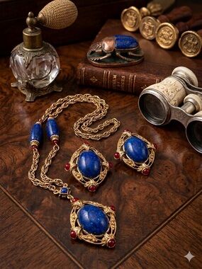 Vintage 1928 Gold-Tone Necklace & Earrings Set with Faux Lapis Lazuli